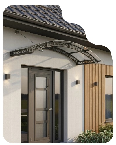 Szklany daszek nad drzwiami wejściowymi wykonany przez zakład szklarski