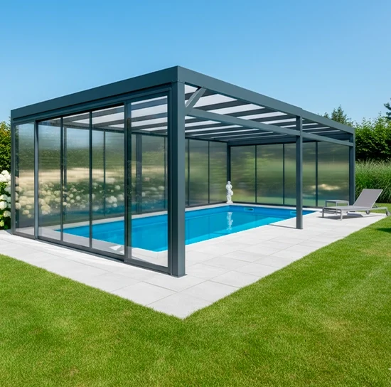 szklane zadaszenie basenu w ogrodzie