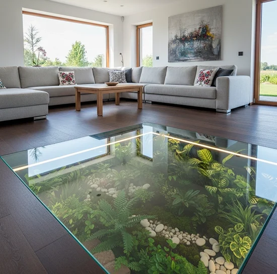 podłoga ze szkła hartowanego w salonie